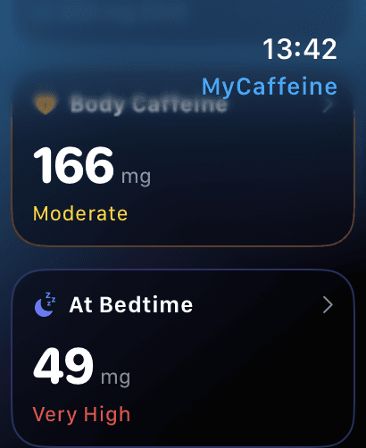 Écran MyCaffeine sur Apple Watch affichant la caféine dans le corps et la projection au coucher